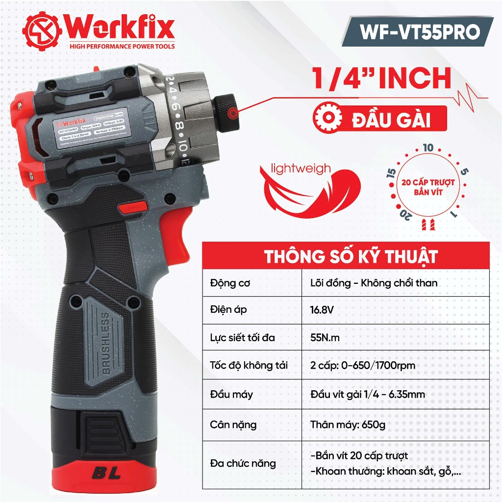 [MỚI VỀ] Máy Chuyên Vít WORKFIX WF-SD55PRO, Đầu Gài 1/4 inch  Lực 55N, 20 Cấp Trượt, Ngậm Vít Nhanh