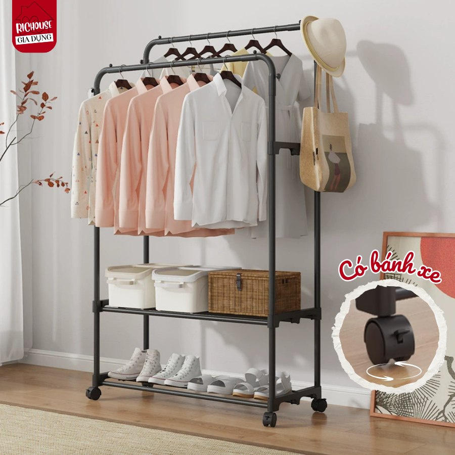 Giá Treo Quần Áo 3in1 Di Động Bánh Xe Tích Hợp Kệ Để Giày, Kệ Để Đồ Dễ Lắp Ráp, Chịu Lực Tốt