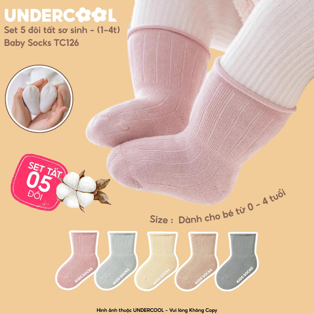 Set 5 Đôi Tất Sơ Sinh UNDERCOOL Cho Bé 0-4 Tuổi, COMBO 5 đôi Vớ Trẻ Em Cotton Cao Cấp Mềm Mại Co Giãn Chống Hằn TC126