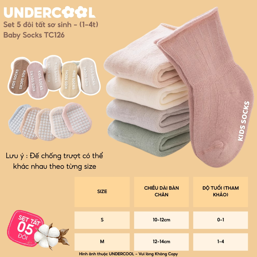 Set 5 Đôi Tất Sơ Sinh UNDERCOOL Cho Bé 0-4 Tuổi, COMBO 5 đôi Vớ Trẻ Em Cotton Cao Cấp Mềm Mại Co Giãn Chống Hằn TC126