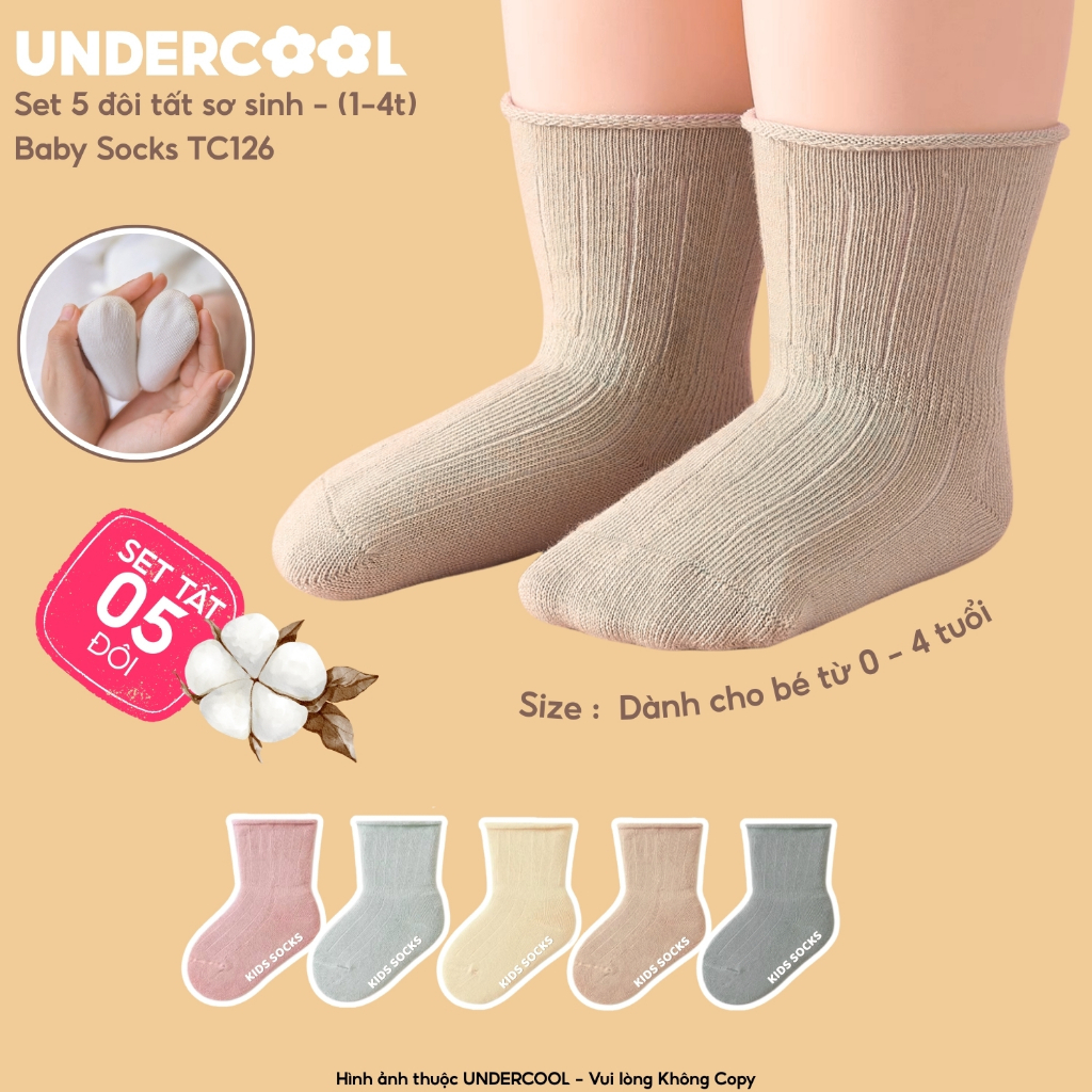 Set 5 Đôi Tất Sơ Sinh UNDERCOOL Cho Bé 0-4 Tuổi, COMBO 5 đôi Vớ Trẻ Em Cotton Cao Cấp Mềm Mại Co Giãn Chống Hằn TC126