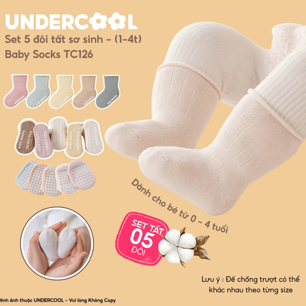 Set 5 Đôi Tất Sơ Sinh UNDERCOOL Cho Bé 0-4 Tuổi, COMBO 5 đôi Vớ Trẻ Em Cotton Cao Cấp Mềm Mại Co Giãn Chống Hằn TC126