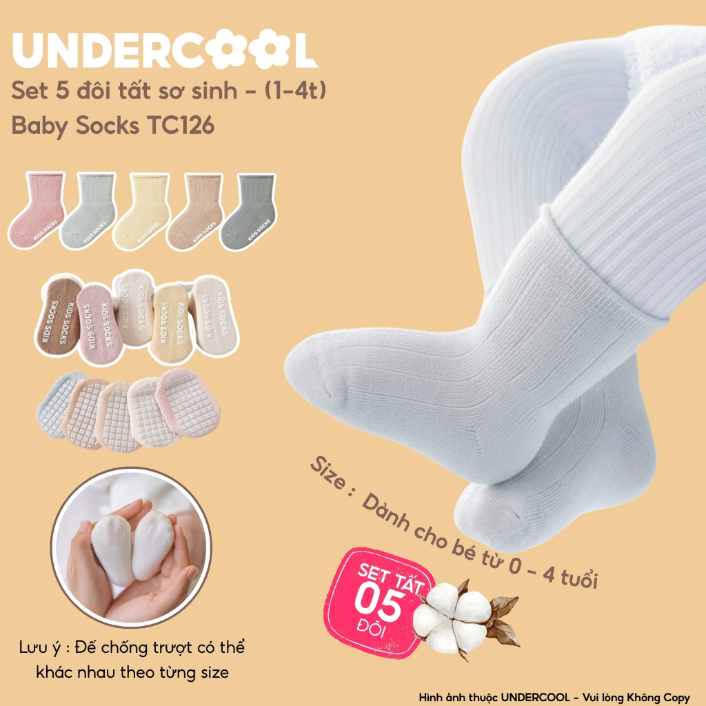 Set 5 Đôi Tất Sơ Sinh UNDERCOOL Cho Bé 0-4 Tuổi, COMBO 5 đôi Vớ Trẻ Em Cotton Cao Cấp Mềm Mại Co Giãn Chống Hằn TC126