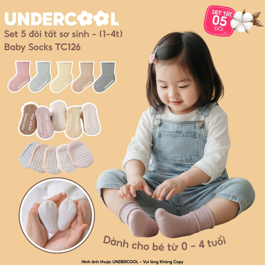 Set 5 Đôi Tất Sơ Sinh UNDERCOOL Cho Bé 0-4 Tuổi, COMBO 5 đôi Vớ Trẻ Em Cotton Cao Cấp Mềm Mại Co Giãn Chống Hằn TC126