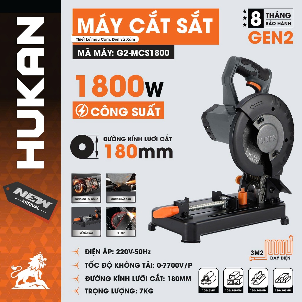 Máy Cắt Sắt HUKAN (GEN2) G2-MCS1800 |Công Suất 1800W,Lưỡi Cắt 180mm,Tốc Độ 7700V/P, Dây điện dài 2m, Góc cắt: 0-45°