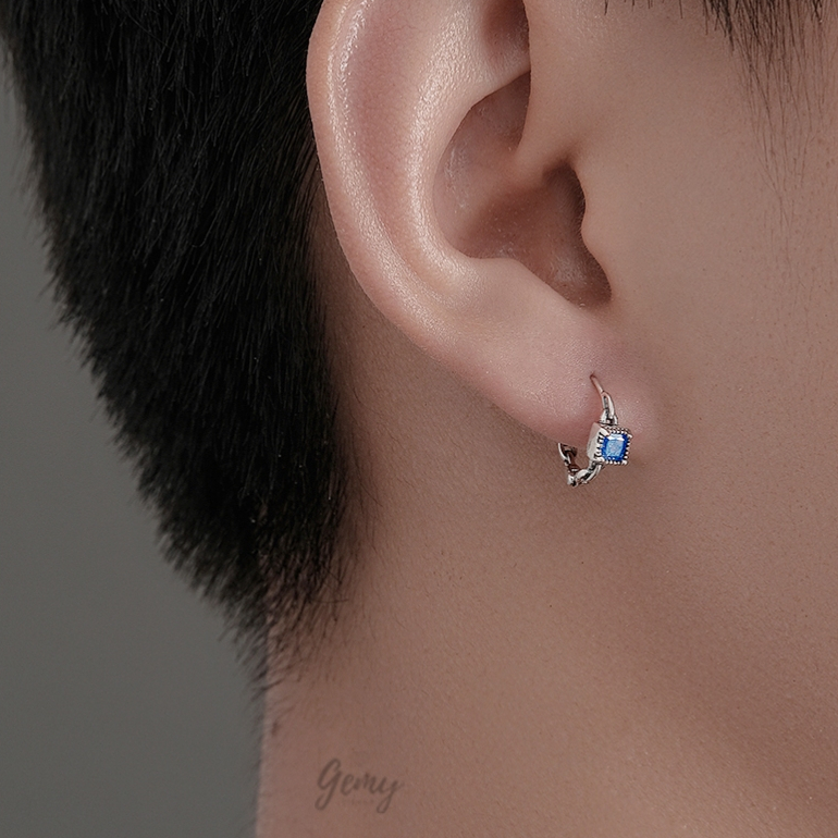 Khuyên tai nam tròn bạc 925 khuyên tròn đính đá xanh hình trái tim, hình vuông KN114 (1 chiếc) | GEMY SILVER