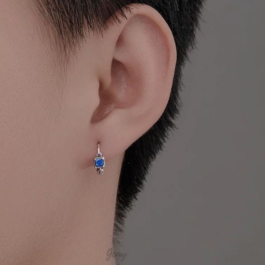 Khuyên tai nam tròn bạc 925 khuyên tròn đính đá xanh hình trái tim, hình vuông KN114 (1 chiếc) | GEMY SILVER