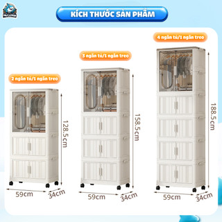 Tủ Nhựa Đựng Đồ Cho Bé Có Ngăn Treo, Tủ Quần Áo Gấp Gọn Tiện Lợi, Bánh Xe 360 Độ, Cánh Cửa Nam Châm - HC17