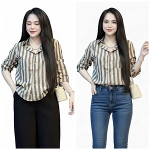 Áo Sơ Mi Nữ Tay Lỡ Kẻ Sọc Linen Túi Ngực Phong Cách Hàn Quốc