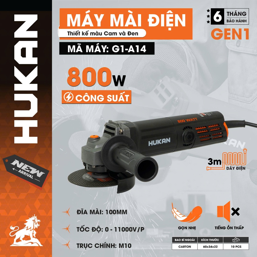Máy Mài Điện HUKAN G1-A14 | Công Suất 800W | Công Tắc Đuôi | Lưỡi 100mm | Tặng 2 Chổi Than | Máy Cắt Mài Đa Năng