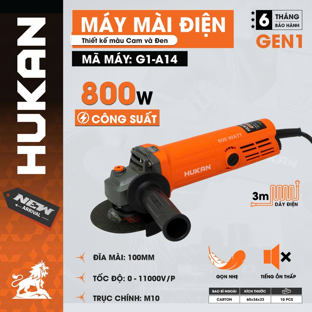 Máy Mài Điện HUKAN G1-A14 | Công Suất 800W | Công Tắc Đuôi | Lưỡi 100mm | Tặng 2 Chổi Than | Máy Cắt Mài Đa Năng