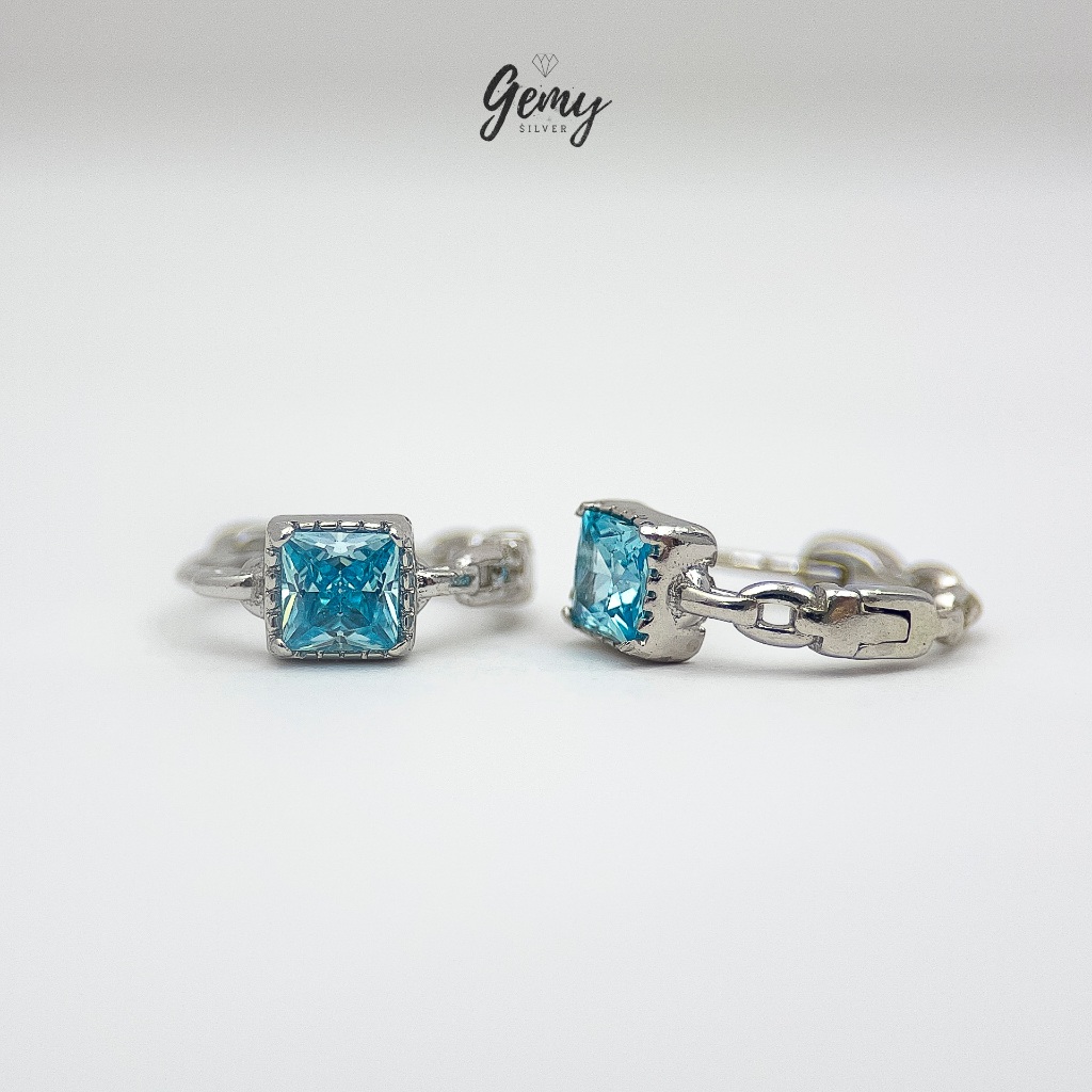 Khuyên tai nam tròn bạc 925 khuyên tròn đính đá xanh hình trái tim, hình vuông KN114 (1 chiếc) | GEMY SILVER