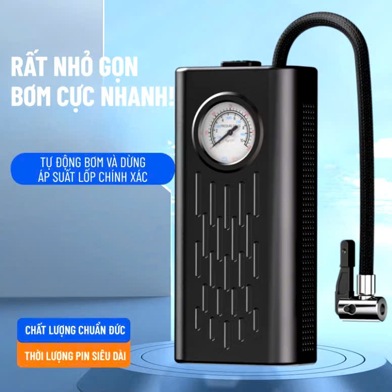 Bơm lốp mini màu đen với đồng hồ áp suất cơ và dây bơm