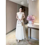 Váy Ren Màu Kem Dự Tiệc Sang Chảnh Dáng Dài LA ROSA Thiết Kế Xếp Ly Dáng Xoè 4 Lớp Tôn Dáng V1401 — ảnh 5