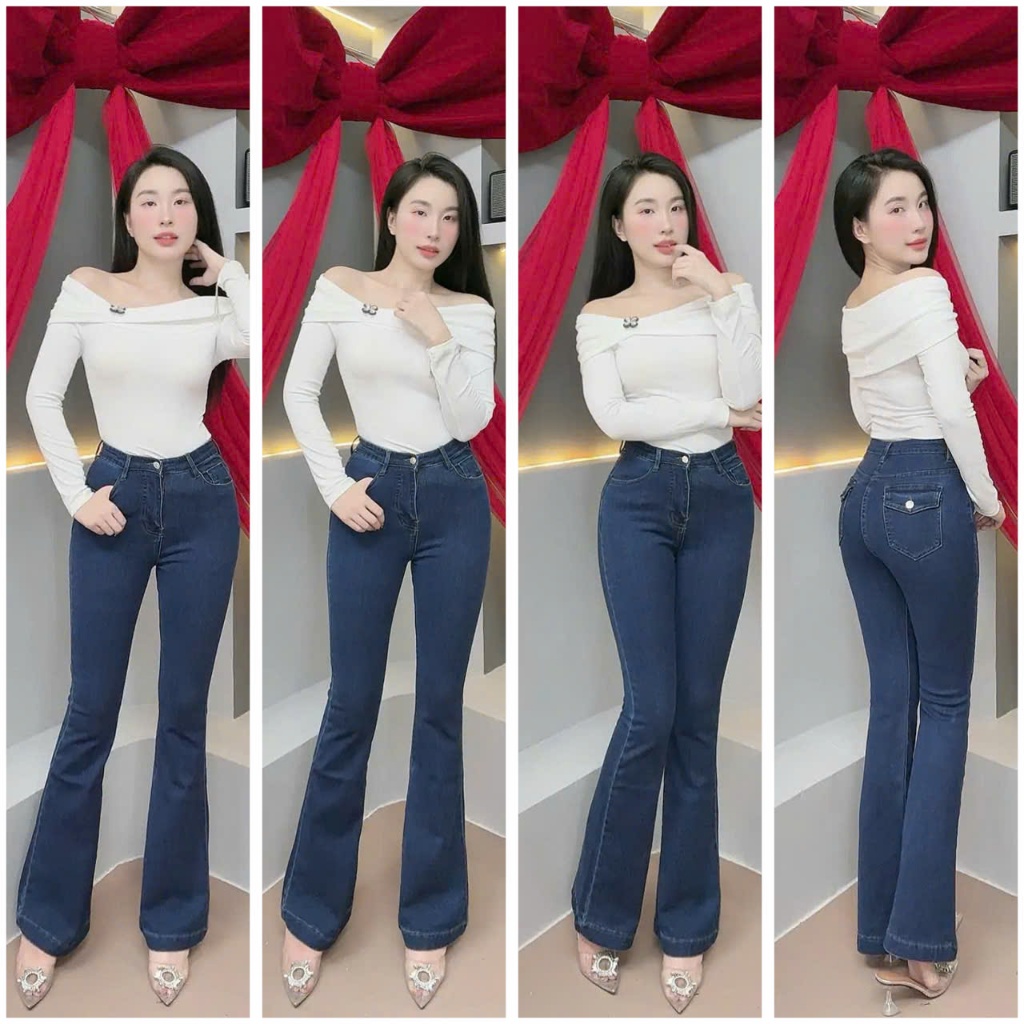 Quần Jeans Nữ, Quần Bò Nữ Ống Loe Lưng CAo Phối Túi Hộp Sau CO Giãn Thời Trang