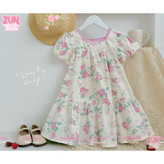 Đầm Bé Gái Tay Phồng Họa Tiết Hoa Ngọt Ngào – Chất Thô Cotton Xuất Dư Siêu Mát – Form Dễ Mặc