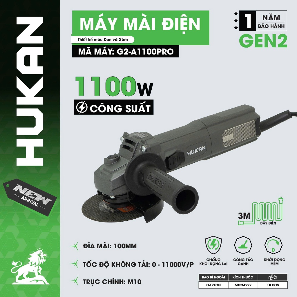 Máy Mài Công Tắc Cạnh HUKAN GEN2 G2-A1100PRO| Công Suất 1100W, 6 Cấp Chỉnh Tốc, Đĩa 100mm, Tốc Độ 11000RPM, Trục M10