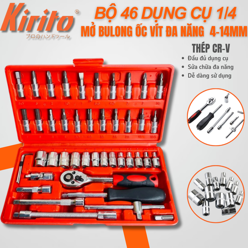 [ĐẦU NHỎ - chân 1/4]Bộ dụng cụ mở bulong ốc vít đa năng đầu 1/4 - 46 chi tiết 4-14mm