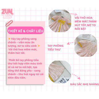 Váy Bé Gái Thô Hoa Tay Phồng – Thiết Kế Viền Màu & Nơ To  Siêu Xinh