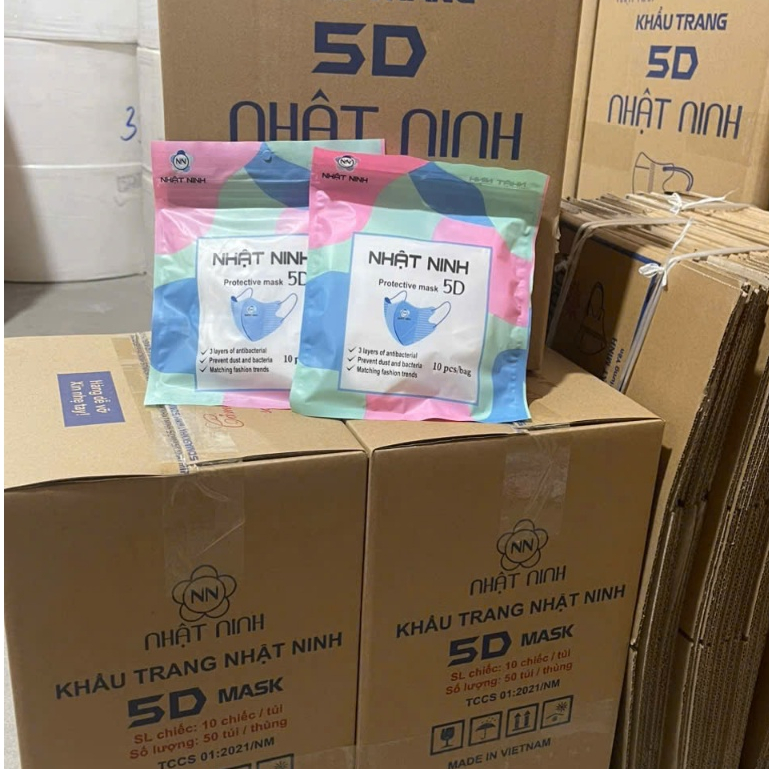 Thùng 200 chiếc khẩu trang 5D Nhật Ninh 3 lớp kháng khuẩn chống bụi mịn thiết kế ôm mặt dễ thở