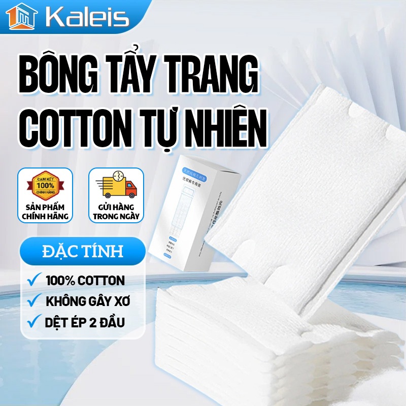 Kaleis Bông Tẩy Trang 100% Cotton Mềm Mịn Không Xơ – Miếng Bông Trang Điểm Dày, Thấm Nước Tốt – Hộp 50 Miếng