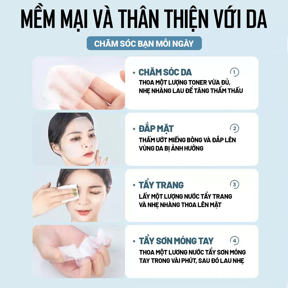 Kaleis Bông Tẩy Trang 100% Cotton Mềm Mịn Không Xơ – Miếng Bông Trang Điểm Dày, Thấm Nước Tốt – Hộp 50 Miếng