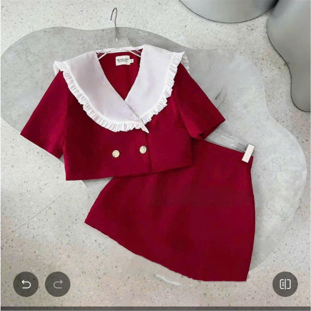 Sét váy đỏ bé gái,thiết kế cổ bèo xinh cho bé, đồ dự tiệc Noel – Tết, set áo cổ trắng phối chân váy thời trang cho mẹ bé