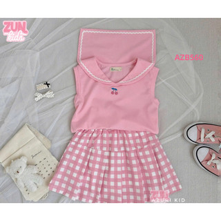 Set Bé Gái Áo Thun Thêu Cherry & Váy Xếp Ly Caro AZB560 – Thun Cotton Co Giãn 4 Chiều