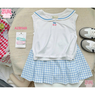 Set Bé Gái Áo Thun Thêu Cherry & Váy Xếp Ly Caro AZB560 – Thun Cotton Co Giãn 4 Chiều