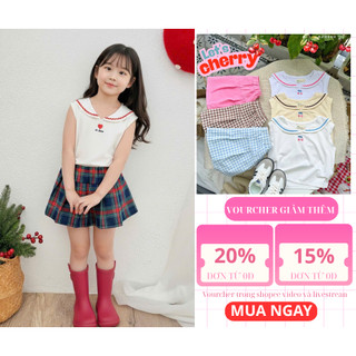 Set Bé Gái Áo Thun Thêu Cherry & Váy Xếp Ly Caro AZB560 – Thun Cotton Co Giãn 4 Chiều