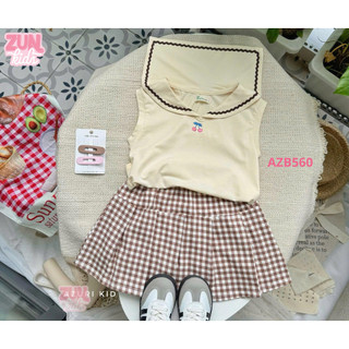 Set Bé Gái Áo Thun Thêu Cherry & Váy Xếp Ly Caro AZB560 – Thun Cotton Co Giãn 4 Chiều
