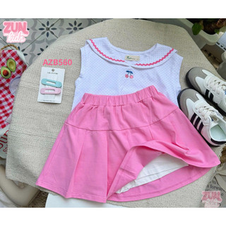 Set Bé Gái Áo Thun Thêu Cherry & Váy Xếp Ly Caro AZB560 – Thun Cotton Co Giãn 4 Chiều