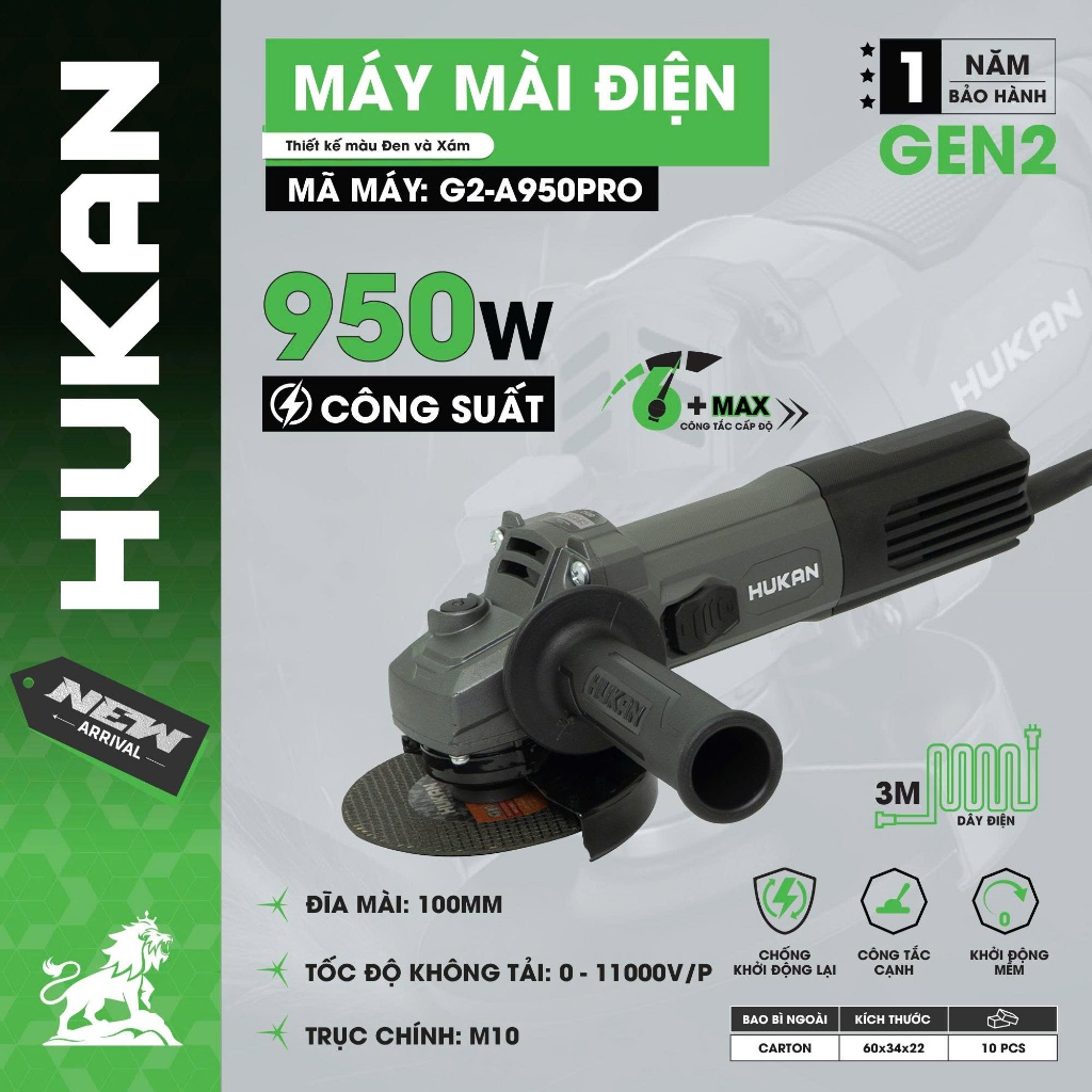 Máy Mài Công Tắc Cạnh GEN2 HUKAN G2-A950PRO| 950W, 6 Cấp Chỉnh Tốc, Đĩa 100mm, Tốc Độ 11000RPM – Hàng Chính Hãng