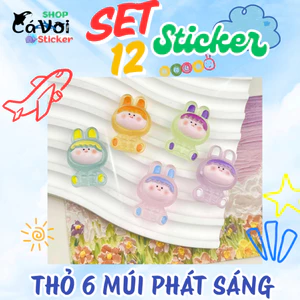 Set 12 Sticker/ Charm gắn dép thỏ 6 múi dạ quang phát sáng