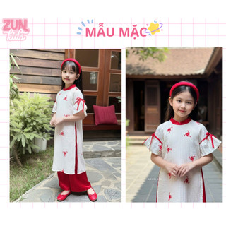 Set Đồ Tết Bé Gái Áo Dài 4 Tà Trắng Hoa Đỏ AZB603 - Tơ Gân 4 Tà Thanh Lịch, Quần Lụa Latin Đỏ Chuẩn Tết