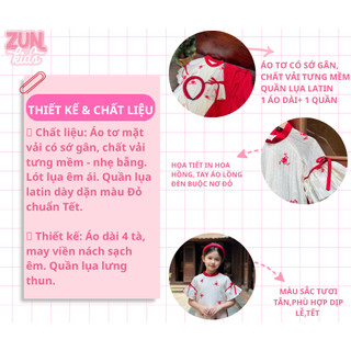 Set Đồ Tết Bé Gái Áo Dài 4 Tà Trắng Hoa Đỏ AZB603 - Tơ Gân 4 Tà Thanh Lịch, Quần Lụa Latin Đỏ Chuẩn Tết