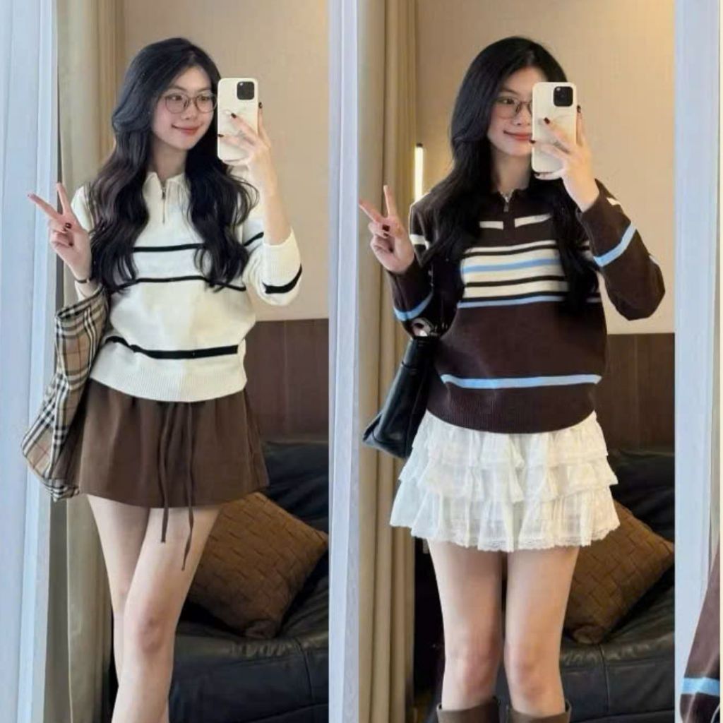 Áo len tay dài hoạ tiết kẻ cổ polo khoá thêu chữ POUCH  Joolate 446 P5K8
