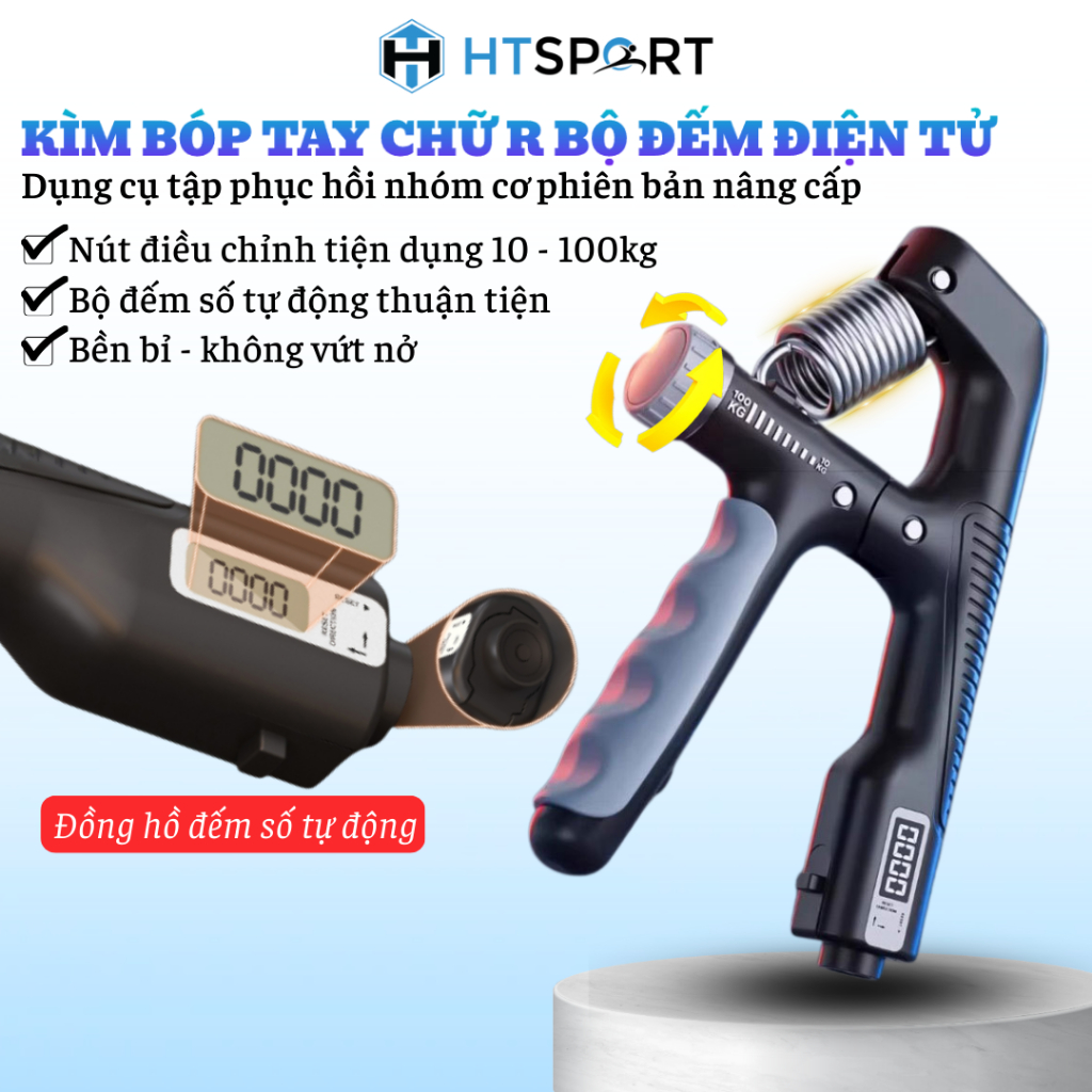 Kìm Bóp Tay Điện Tử Dụng Cụ Tập Cơ Tay Chữ R Tập Gym Tại Nhà Cường Độ 10-100KG, Có Bộ Đếm Số Tự Động