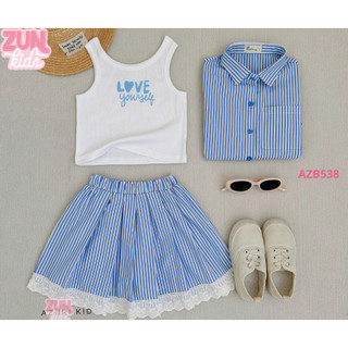 Set 3 Món Bé gái Kẻ Sọc Cotton LOVE YOURSHELF AZB538 – Áo Thun Trắng + Áo Sơmi + Chân Váy Ren Xinh