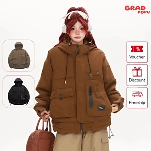 Áo khoác phao nữ GRADPOPU lông vũ siêu nhẹ dáng rộng có mũ trùm đầu túi hộp 3D cho mùa đông PAP73