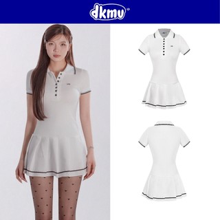 Đầm nữ cổ polo dáng váy xếp ly DKMV hoạ tiết phối viền tương phản logo cá inox đáng yêu màu trắng Rally Dress | K-D13