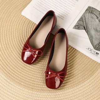 Giày búp bê lolita mũi vuông chất da bóng siêu bền phối nơ QV425