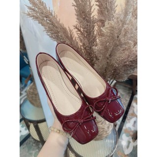 Giày búp bê lolita mũi vuông chất da bóng siêu bền phối nơ QV425