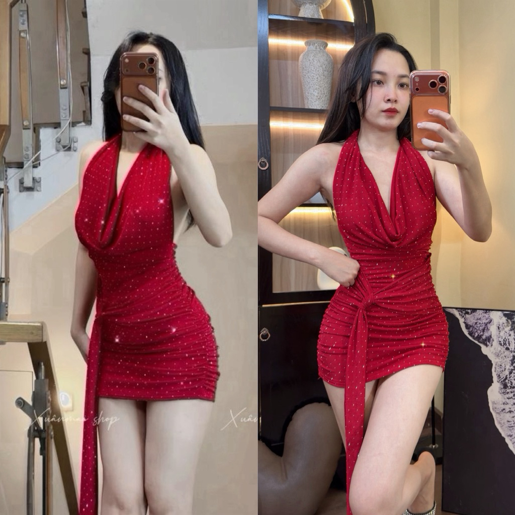 XuanMaishop Đầm ôm cổ đổ rút hông ngang lưng đệm mút nhúm hông Xuân Mai Shop
