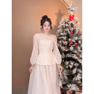 Set áo kèm chân váy lệch vai tay bồng voan tơ nến cao cấp phong cách sang trọng tiểu thư size S142