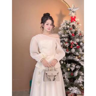 Set áo kèm chân váy lệch vai tay bồng voan tơ nến cao cấp phong cách sang trọng tiểu thư size S142