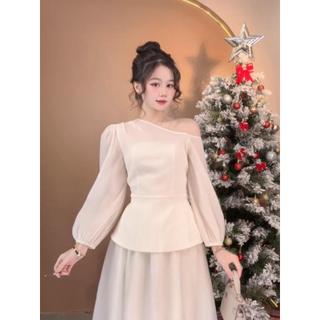 Set áo kèm chân váy lệch vai tay bồng voan tơ nến cao cấp phong cách sang trọng tiểu thư size S142