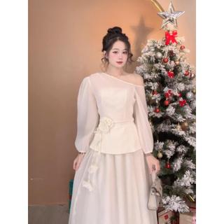 Set áo kèm chân váy lệch vai tay bồng voan tơ nến cao cấp phong cách sang trọng tiểu thư size S142