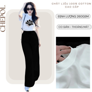 Set Bộ Áo Thun Nữ CHEPOL Form Rộng, Cổ Tròn, Phối Chân Váy, In Hoa, Chất Cotton (Áo Phông Trắng+Chân Váy Xuông)-CP_x5714