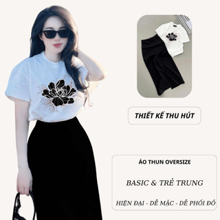 Set Bộ Áo Thun Nữ CHEPOL Form Rộng, Cổ Tròn, Phối Chân Váy, In Hoa, Chất Cotton (Áo Phông Trắng+Chân Váy Xuông)-CP_x5714